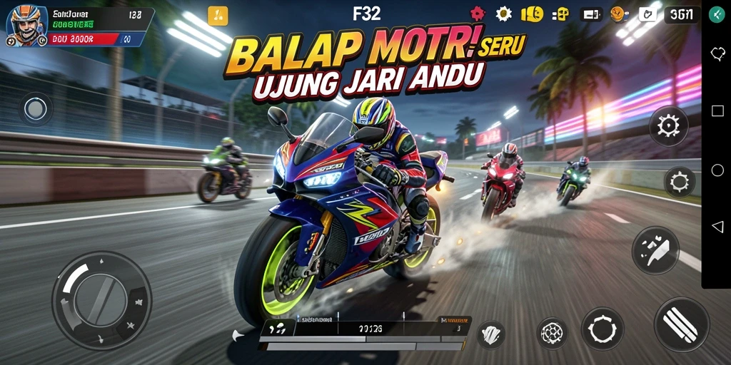 Screenshot F32 menampilkan aksi balap motor yang mendebarkan.