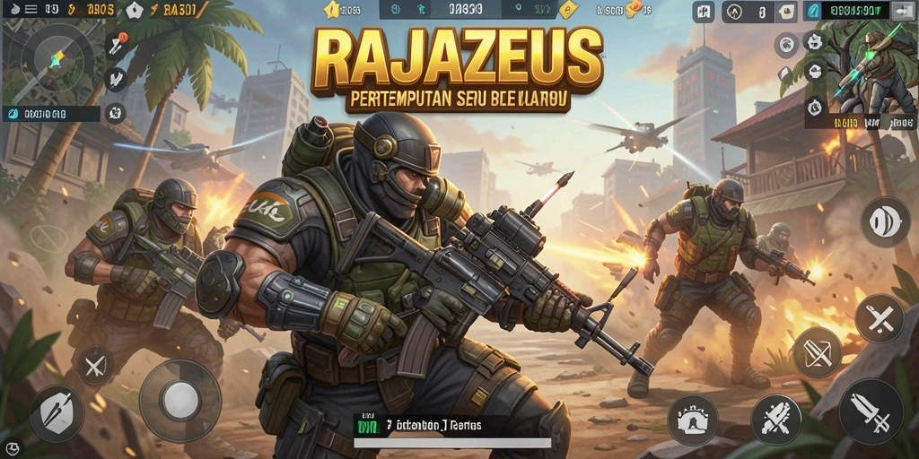 Screenshot gameplay RAJAZEUS menampilkan pertempuran mendebarkan di arena Battle Royale.